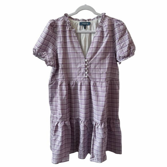 ModCloth Lavender Plaid Mini Dress Size Large V-Neck Short Sleeve Pockets EUC - Picture 4 of 12